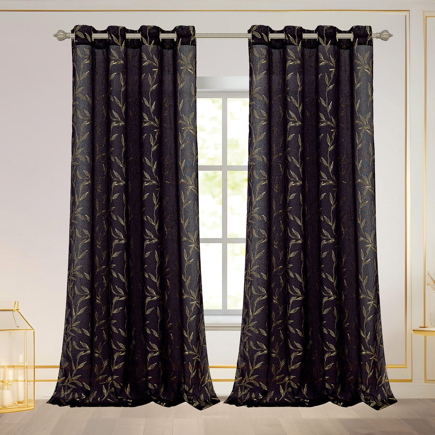 Abira Metallic Leaf Sheer Grommet Window Curtain Panel, Black Gold, 54x84 Inches