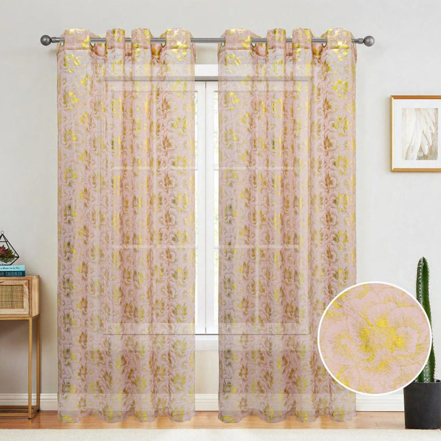 Atlanta Metallic Foil Floral Sheer Grommet Window Curtain Panel, Blush, 54x84 Inches