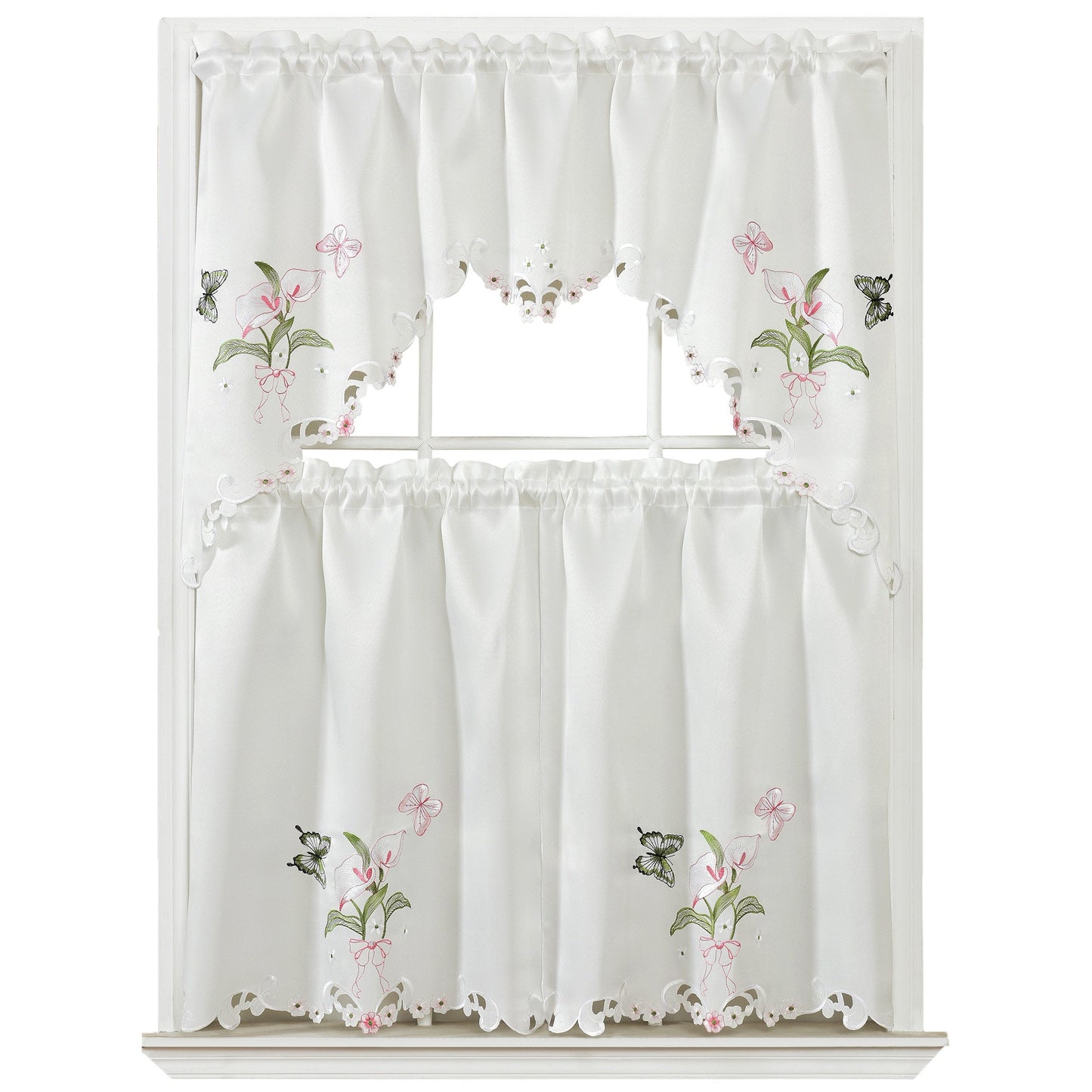 Disha Floral Kitchen Curtain Set, White, Swag Valance 60x36, Tier 30x36 Inches