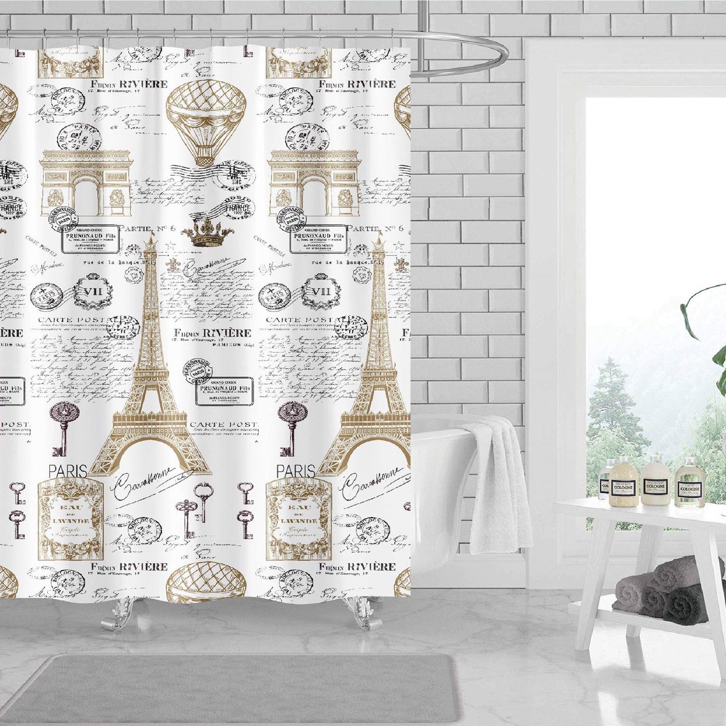 Soha Paris 13 Piece Canvas Shower Curtain with Hooks, Gold White, 70x72 Inches