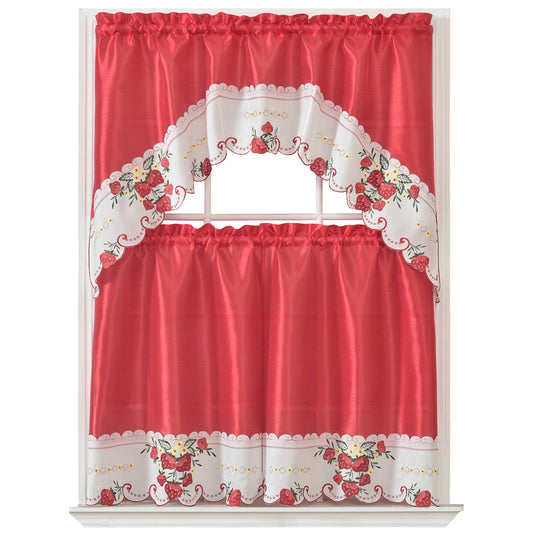 Raha Strawberry Embroidered Kitchen Curtain Set, Red, Swag Valance 60x36, Tier 30x36 Inches