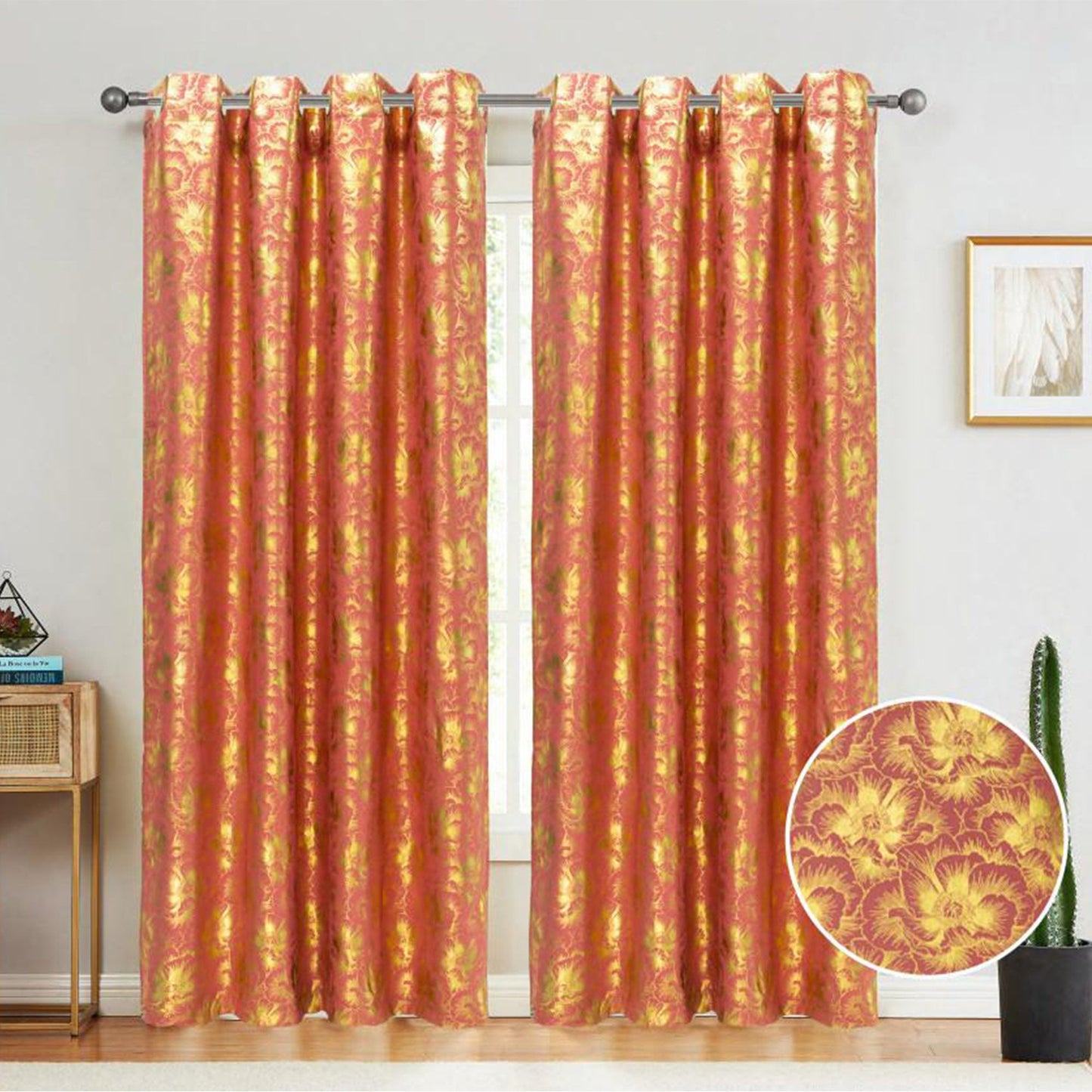 Atlanta Metallic Foil Room Darkening Grommet Window Curtain Panel, Coral, 54x84 Inches