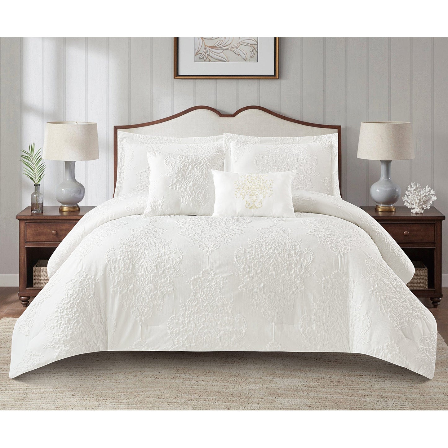 Berlin Palace 5 Piece Damask Design Comforter Set, White, Queen
