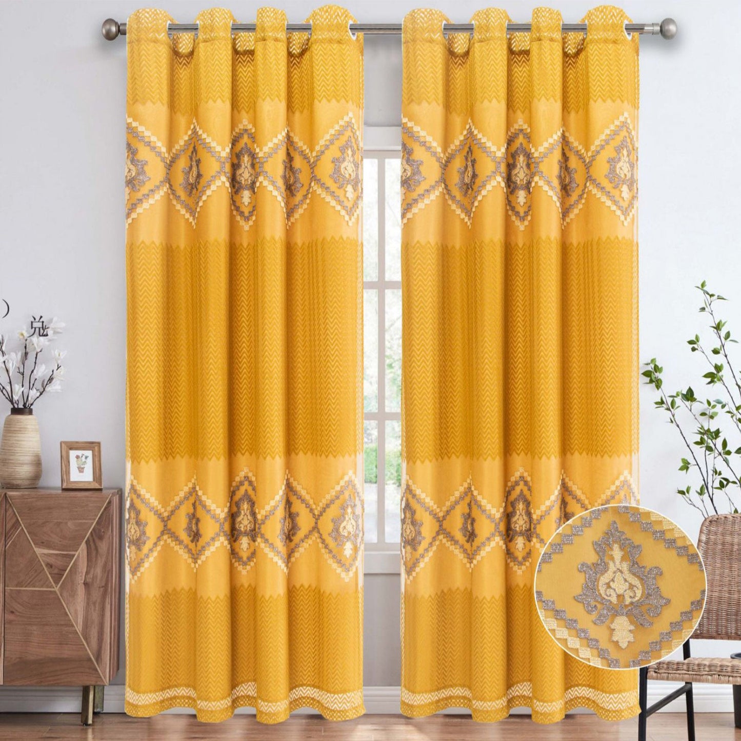 Carmen Embroidered Grommet Window Curtain Panel, Camel, 54x84 Inches