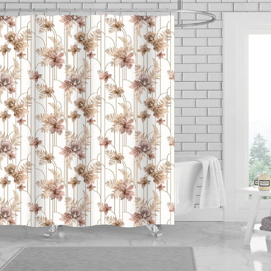 Arzu Floral 13 Piece Canvas Shower Curtain with Hooks, Gold-White, 70x72 Inches