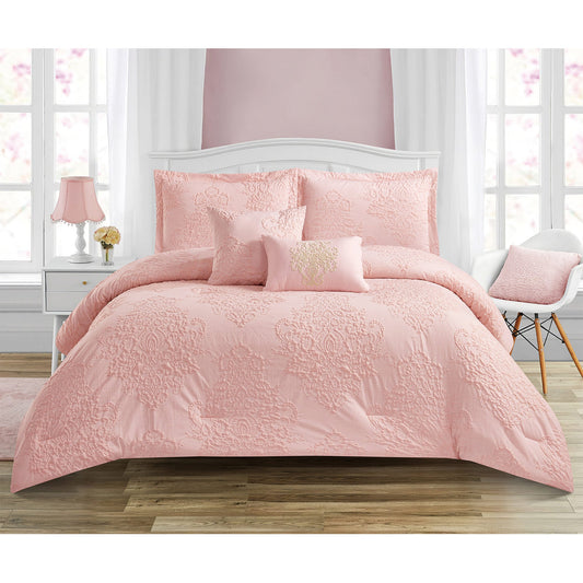 Berlin Palace 5 Piece Damask Design Comforter Set, Blush, Queen
