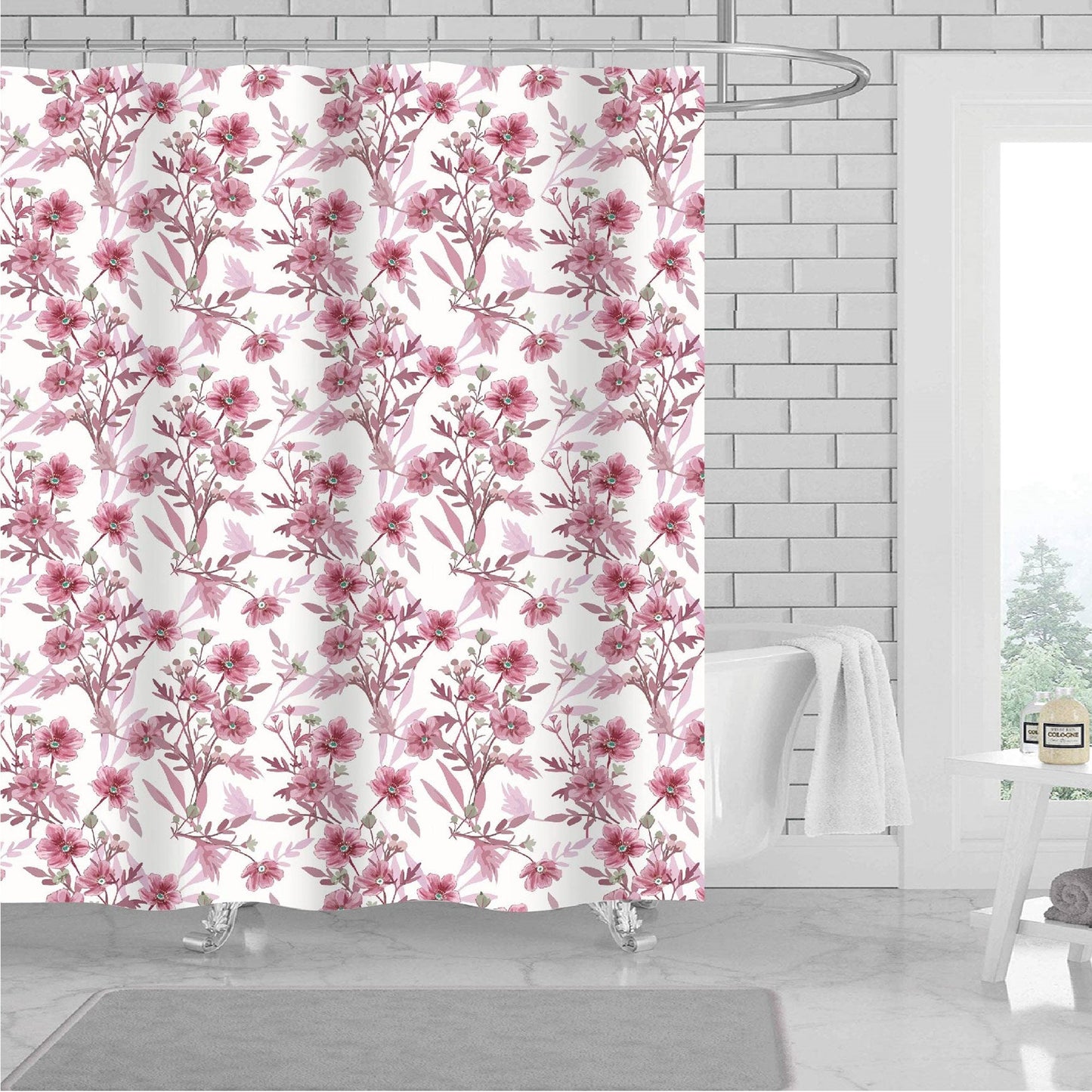 Dunya Floral 13 Piece Canvas Shower Curtain with Hooks, Purple-White, 70x72 Inches