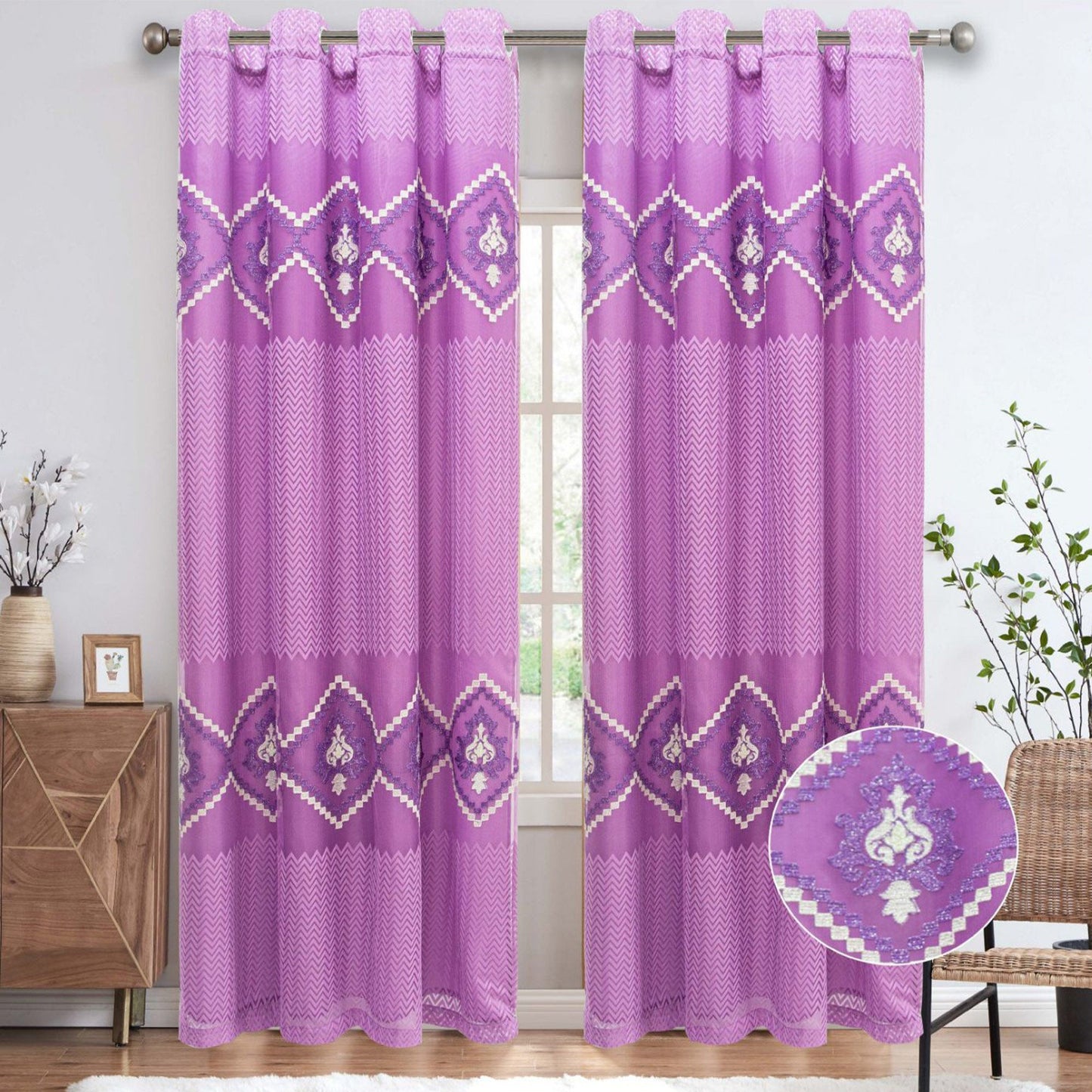Carmen Embroidered Grommet Window Curtain Panel, Lilac, 54x84 Inches