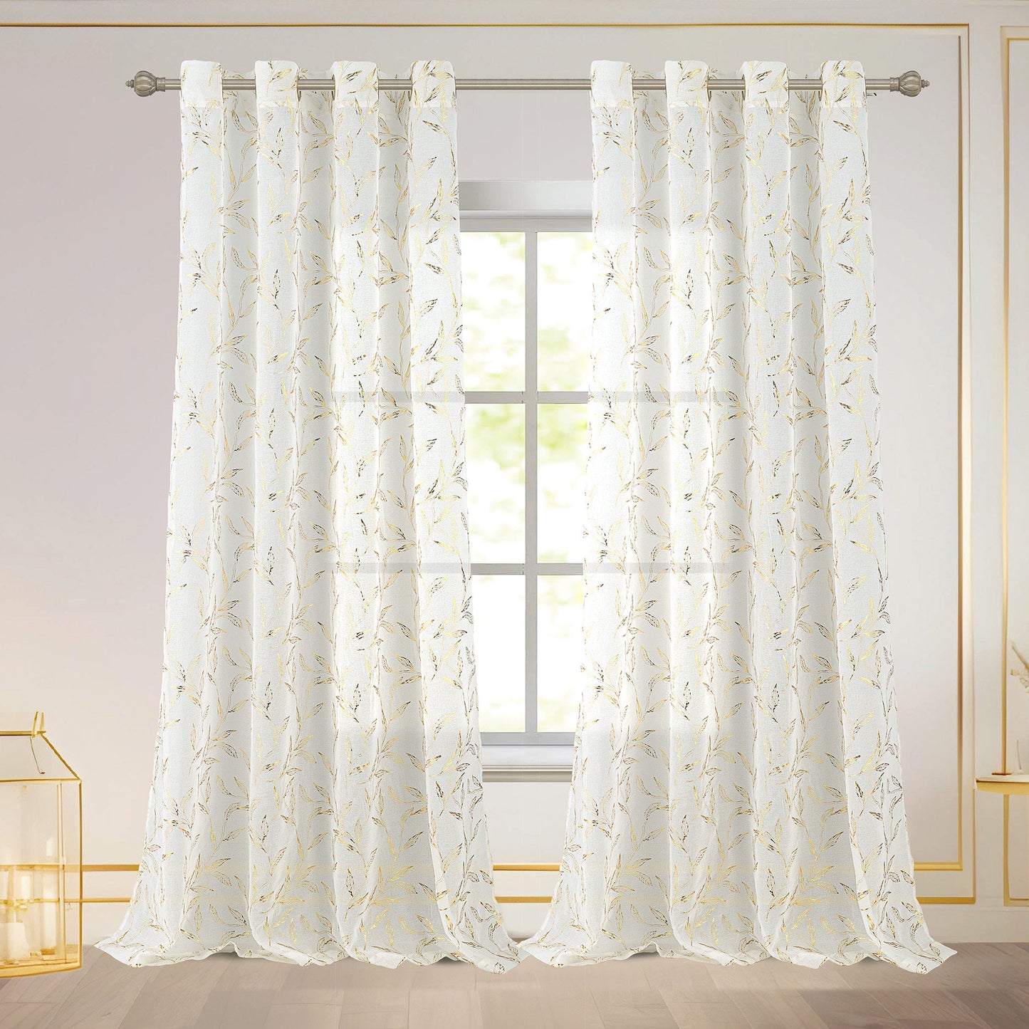 Abira Metallic Leaf Sheer Grommet Window Curtain Panel, Beige Gold, 54x84 Inches