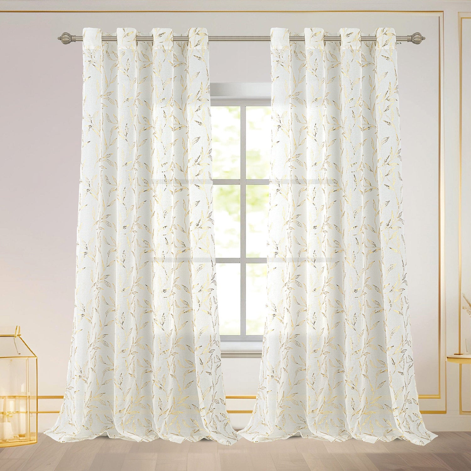 Abira Metallic Leaf Sheer Grommet Window Curtain Panel, Beige Gold, 54x84 Inches
