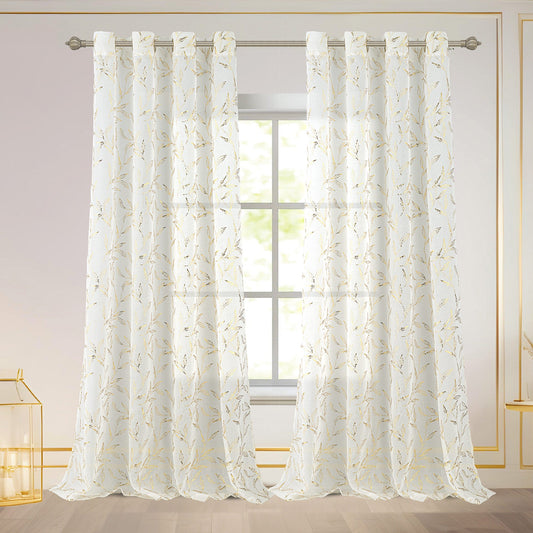 Abira Metallic Leaf Sheer Grommet Window Curtain Panel, Beige Gold, 54x84 Inches