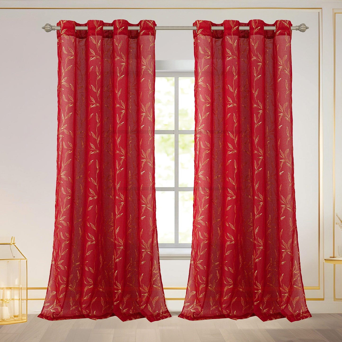 Abira Metallic Leaf Sheer Grommet Window Curtain Panel, Red Gold, 54x84 Inches