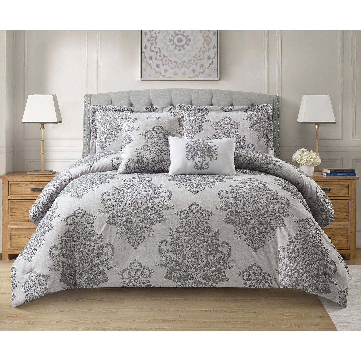 Berlin Palace 5 Piece Damask Design Comforter Set, Gray, King