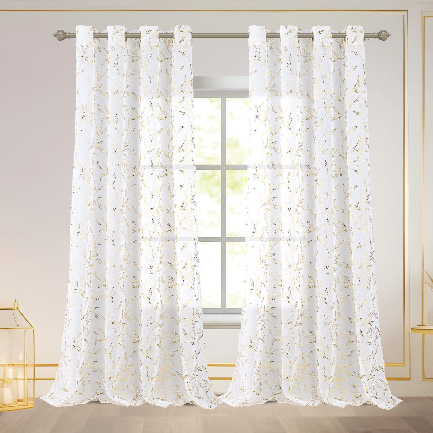 Abira Metallic Leaf Sheer Grommet Window Curtain Panel, White Gold, 54x84 Inches
