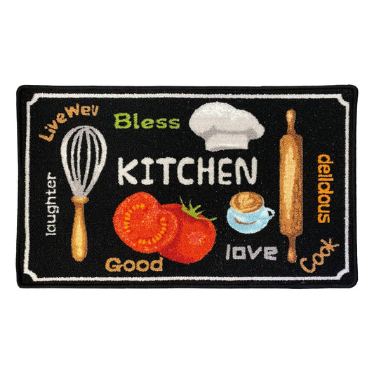 Bless Culinary Theme Non-Slip Kitchen Mat, Black, 18x30 Inches