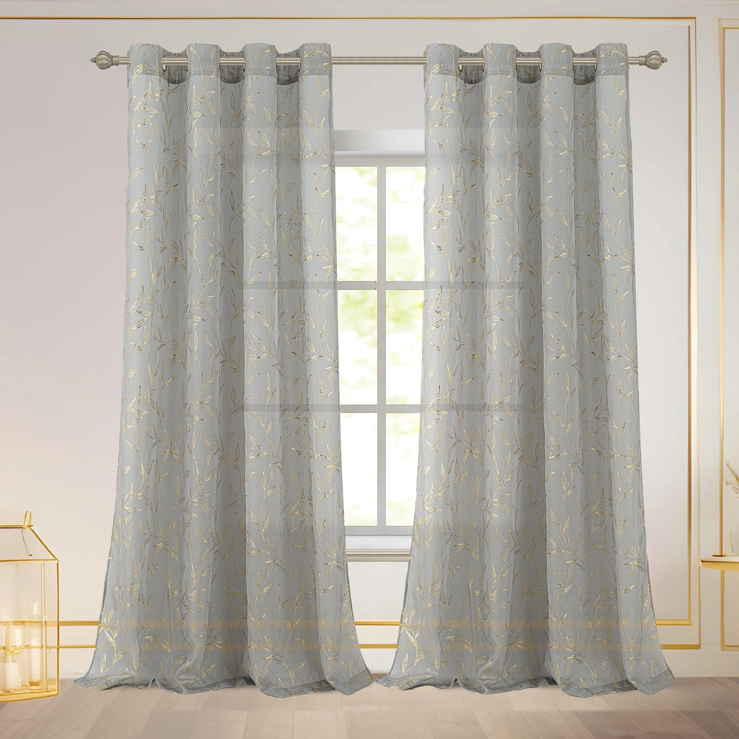 Abira Metallic Leaf Sheer Grommet Window Curtain Panel, Silver Gold, 54x84 Inches