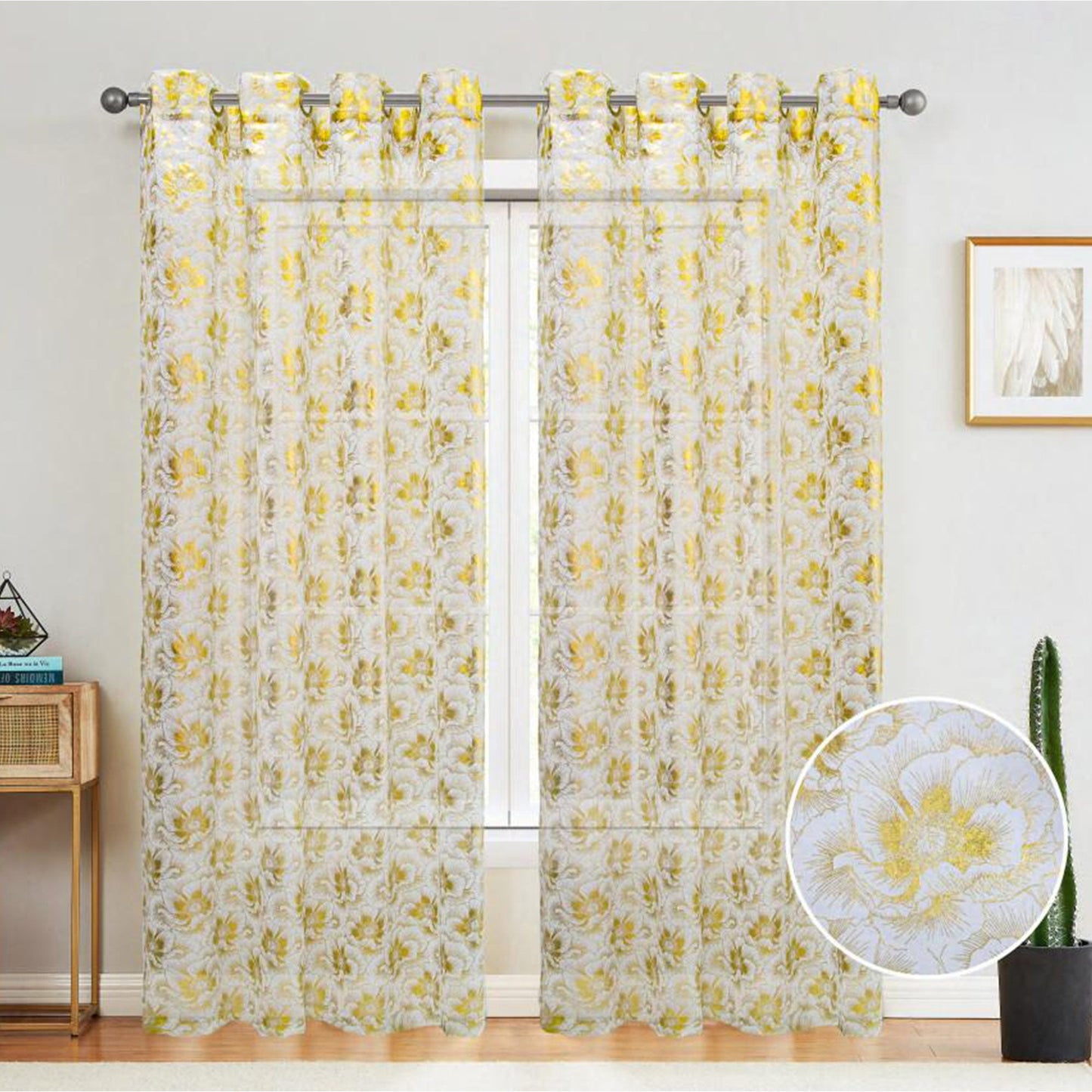 Atlanta Metallic Foil Floral Sheer Grommet Window Curtain Panel, White, 54x84 Inches