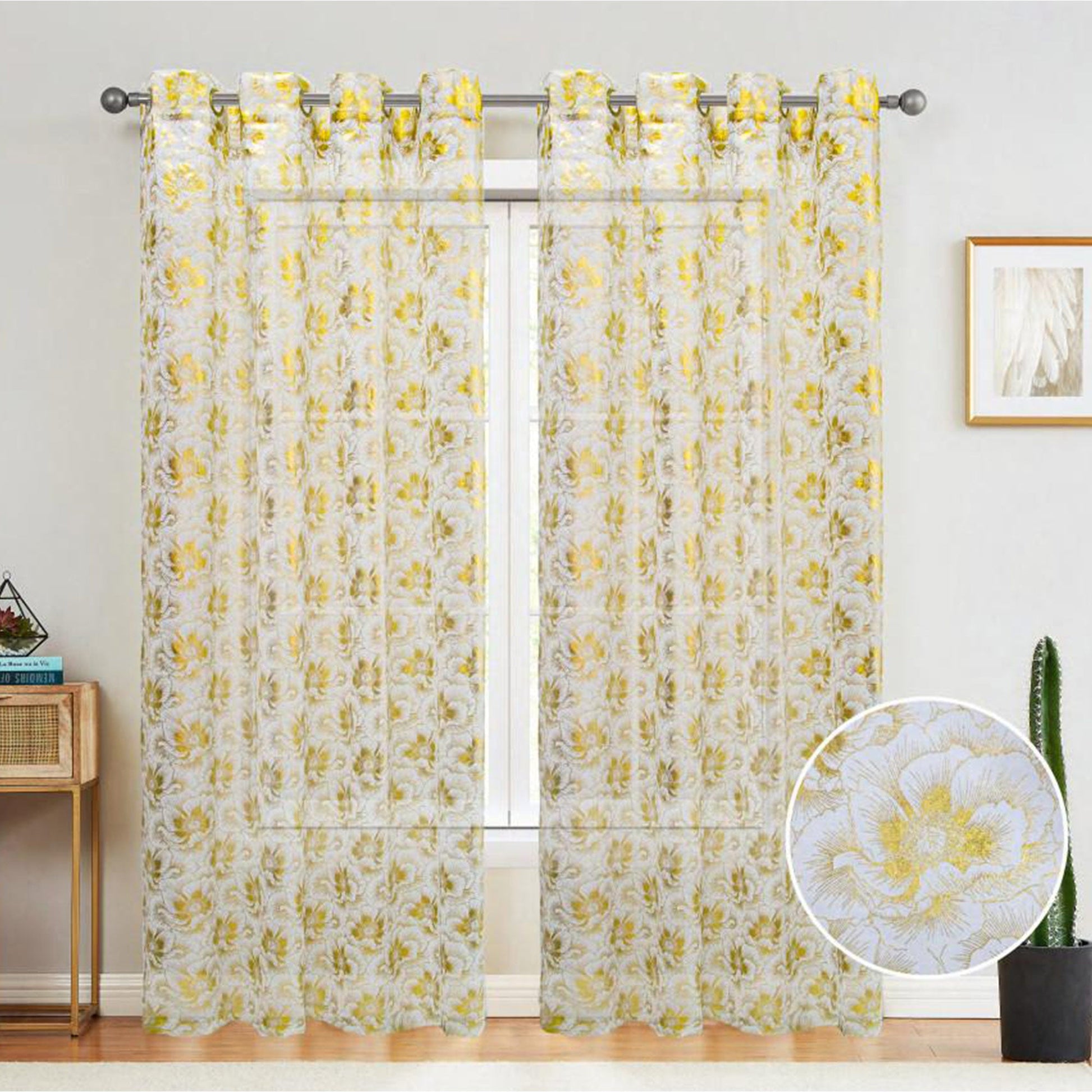 Atlanta Metallic Foil Floral Sheer Grommet Window Curtain Panel, White, 54x84 Inches
