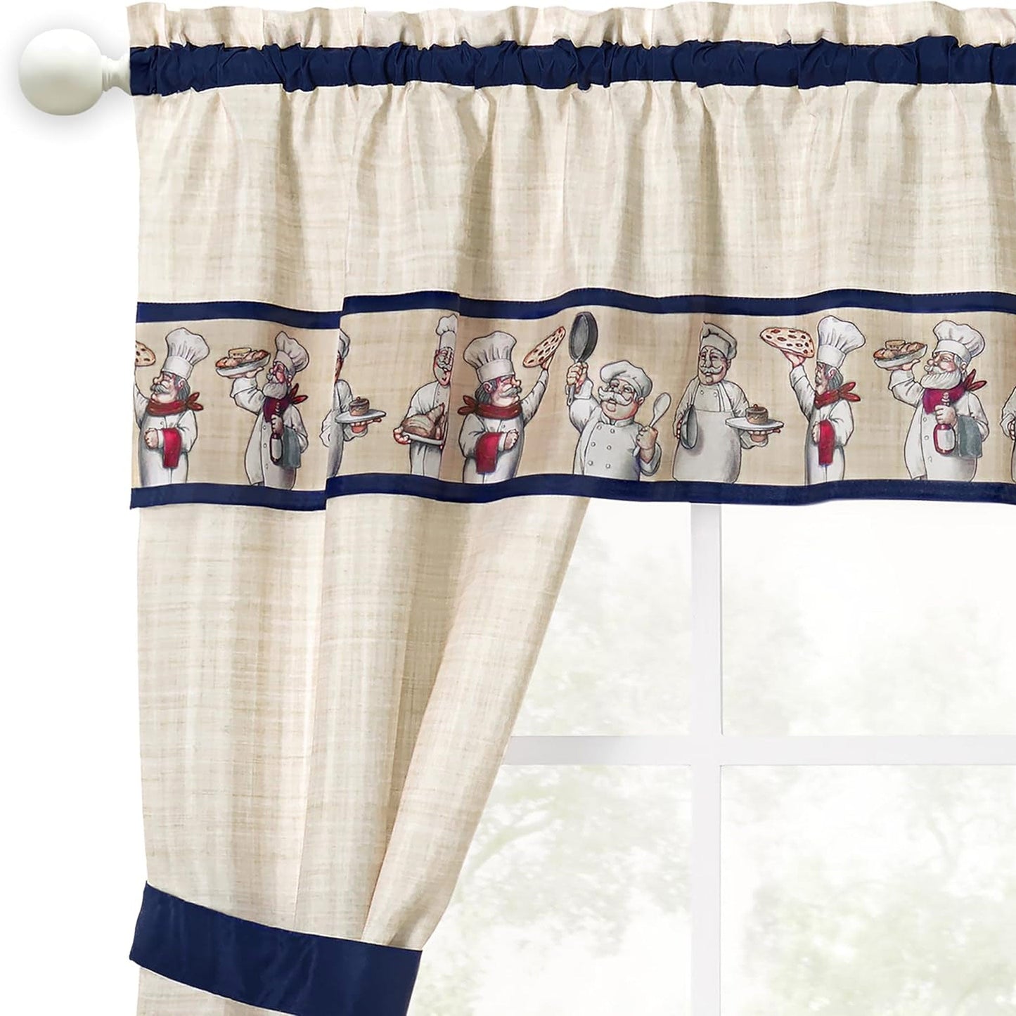 Achim Bon Appetit Printed Cottage Kitchen Curtain Set, Navy, 57x36 Inches