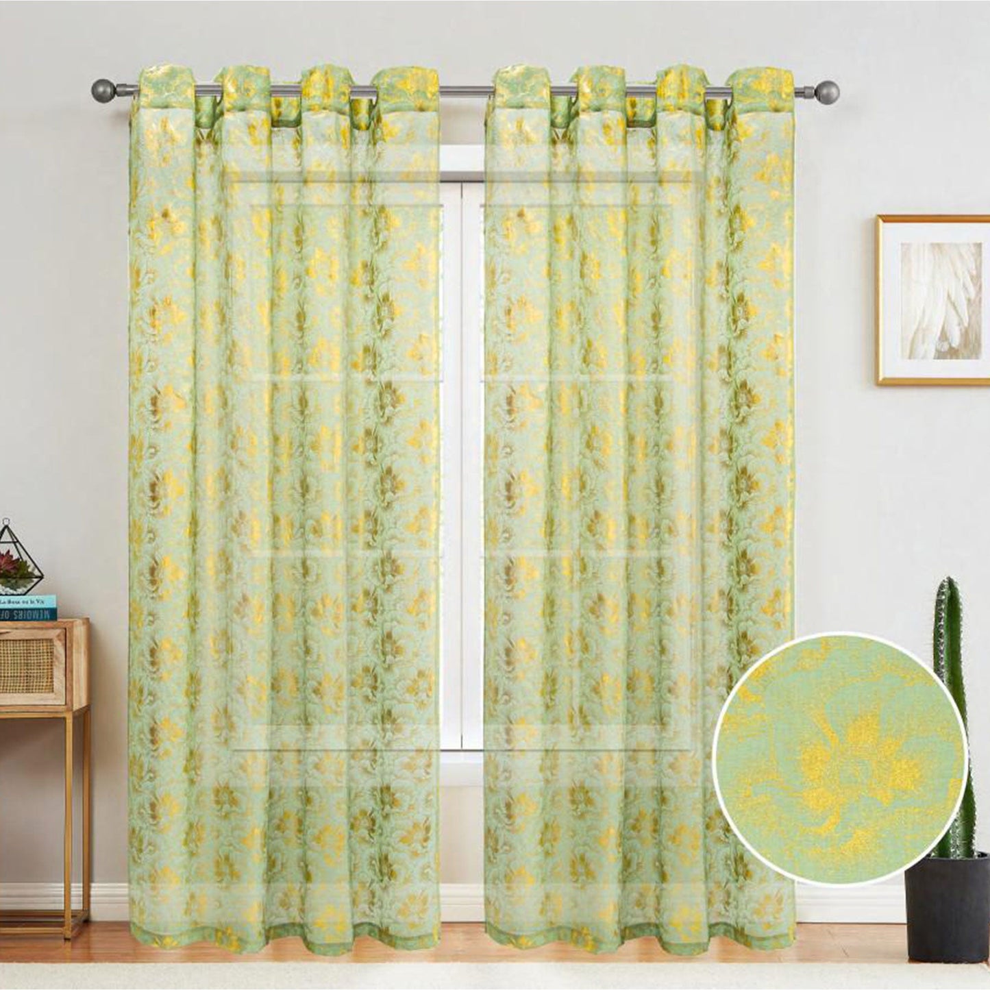 Atlanta Metallic Foil Floral Sheer Grommet Window Curtain Panel, Mint, 54x84 Inches
