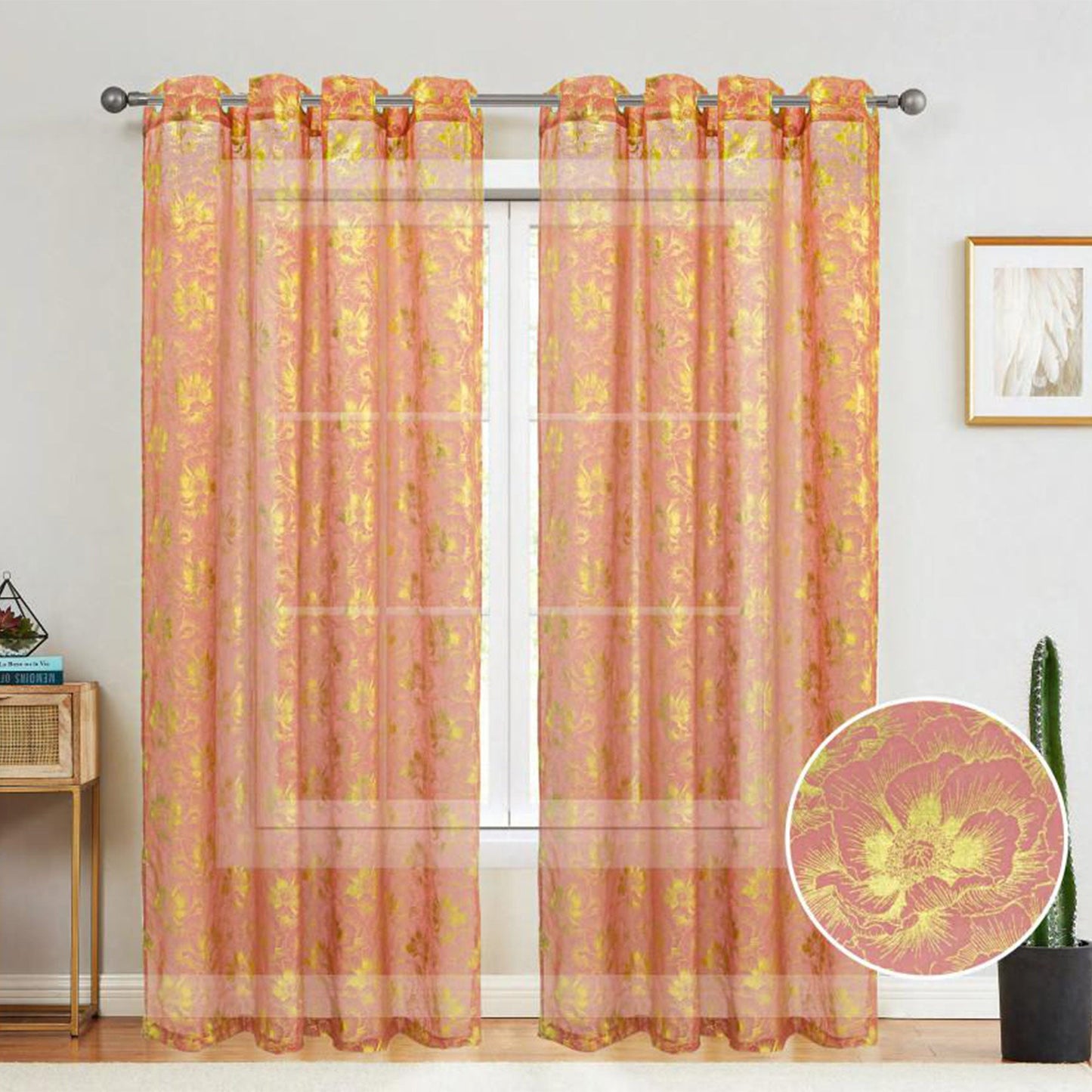 Atlanta Metallic Foil Floral Sheer Grommet Window Curtain Panel, Coral, 54x84 Inches