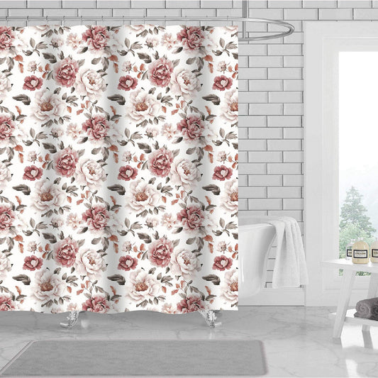 Josie Peony 13 Piece Canvas Shower Curtain with Hooks, Deep Pink-White, 70x72 Inches