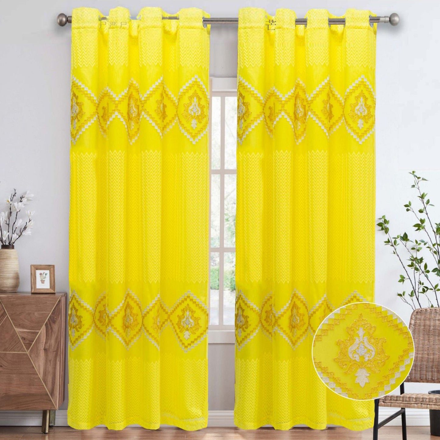 Carmen Embroidered Grommet Window Curtain Panel, Yellow, 54x84 Inches