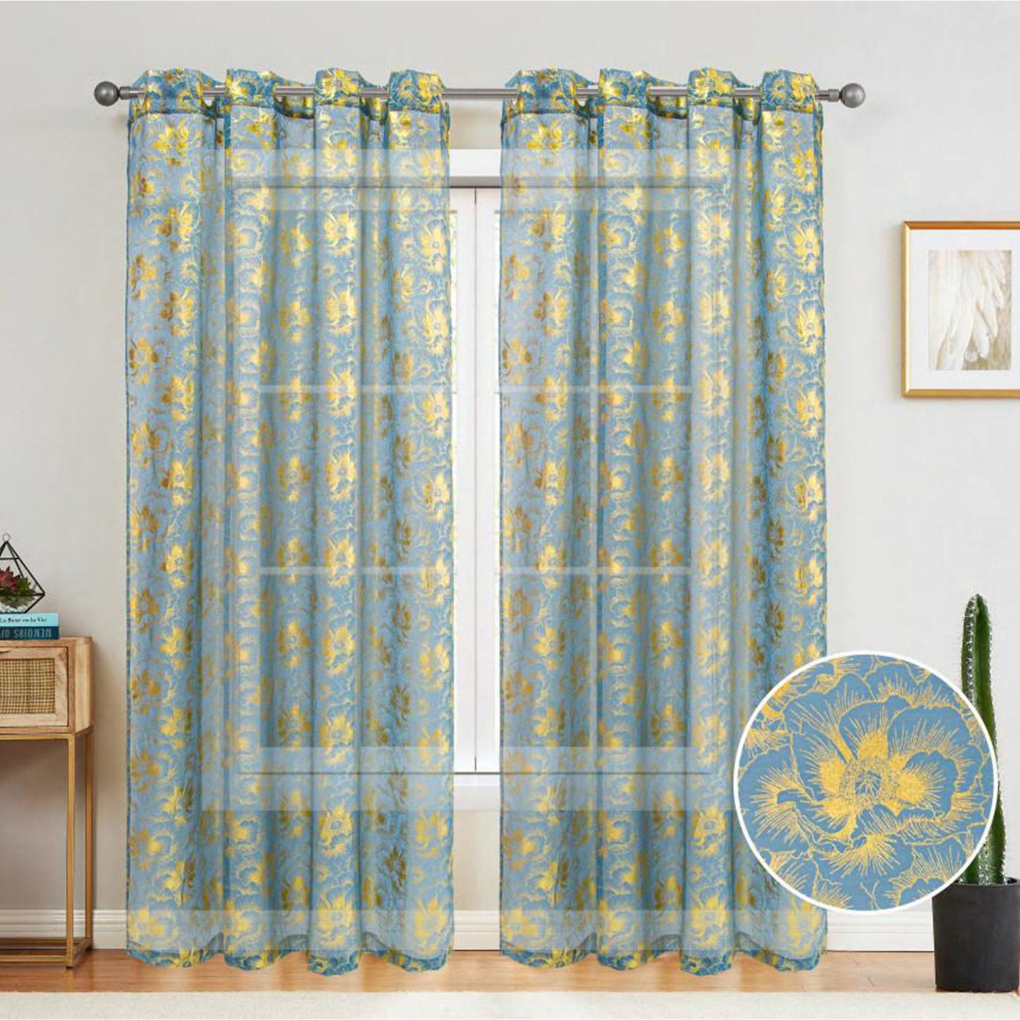 Atlanta Metallic Foil Floral Sheer Grommet Window Curtain Panel, Teal, 54x84 Inches