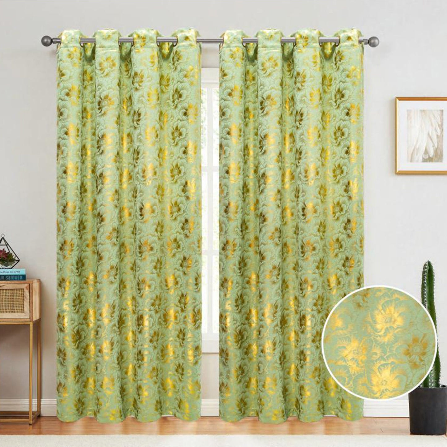 Atlanta Metallic Foil Room Darkening Grommet Window Curtain Panel, Mint, 54x84 Inches