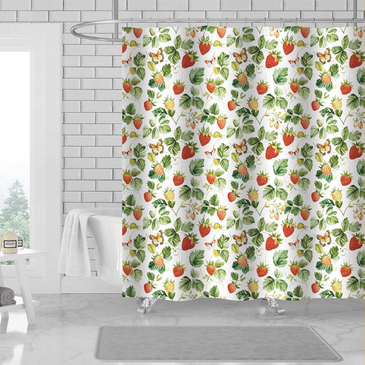 Neki Strawberry Printed Canvas Shower Curtain, Green-White, 70x72 Inches