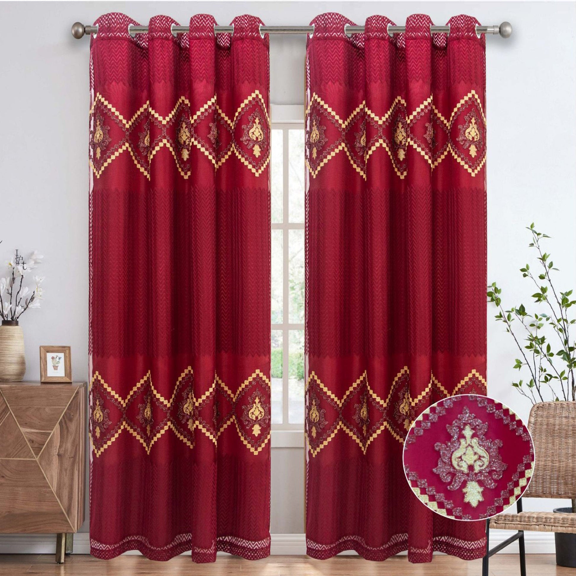 Carmen Embroidered Grommet Window Curtain Panel, Burgundy, 54x84 Inches