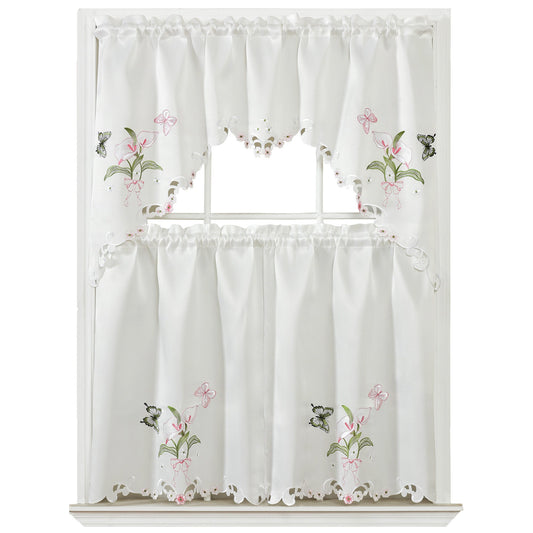 Disha Floral Kitchen Curtain Set, White, Swag Valance 60x36, Tier 30x36 Inches