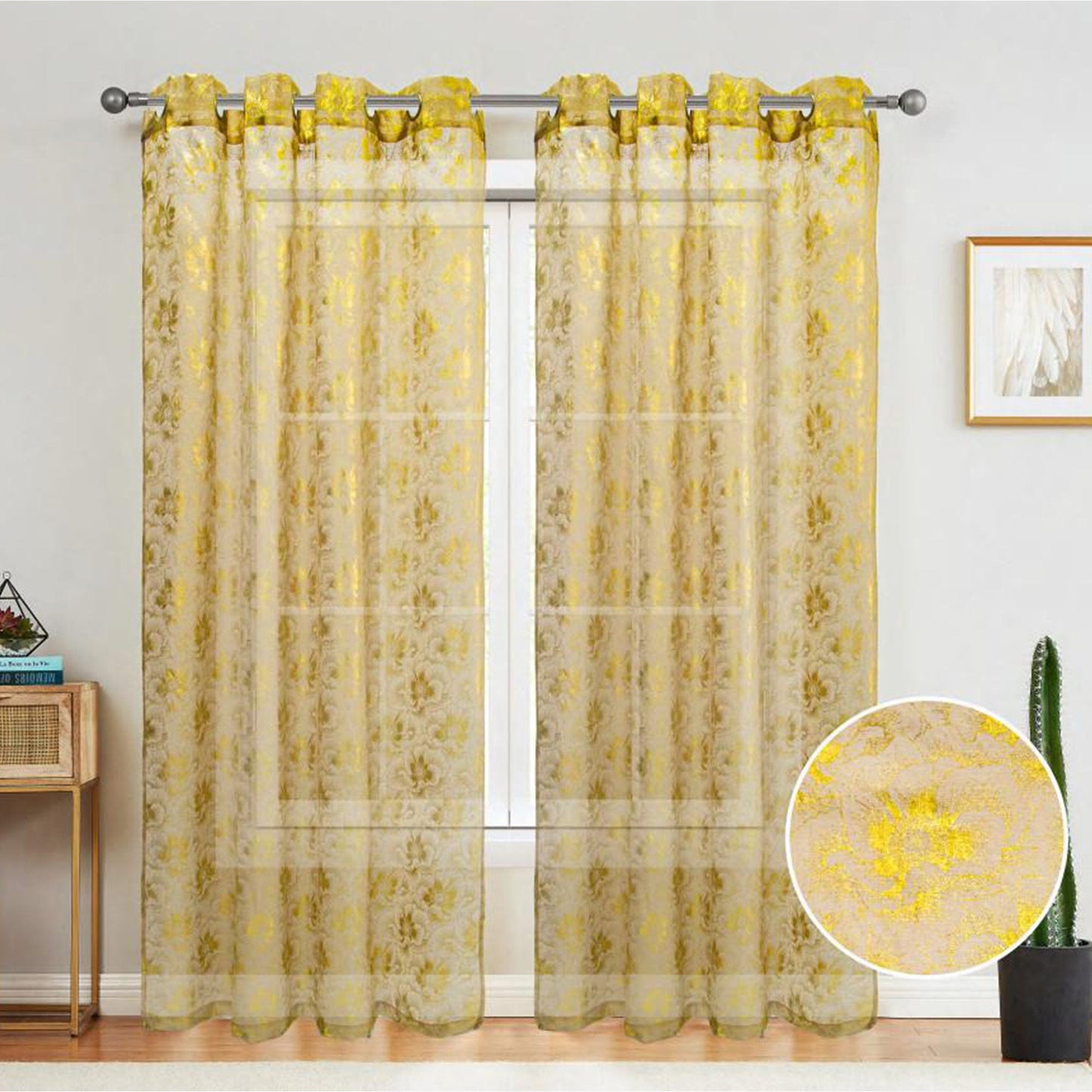 Atlanta Metallic Foil Floral Sheer Grommet Window Curtain Panel, Taupe, 54x84 Inches