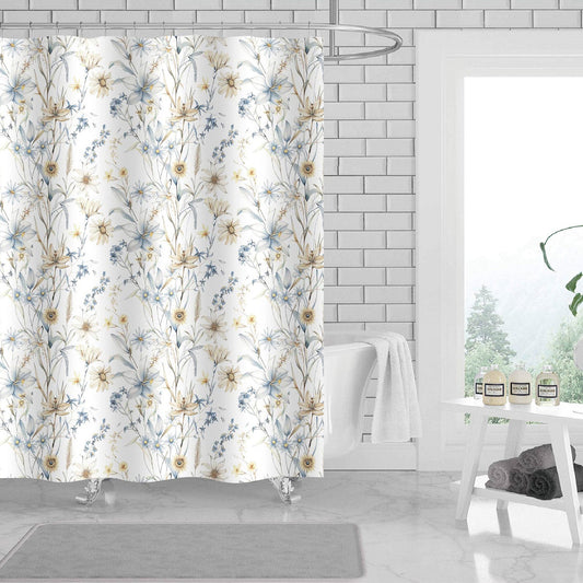 Manon Floral 13 Piece Canvas Shower Curtain with Hooks, White, 70x72 Inches