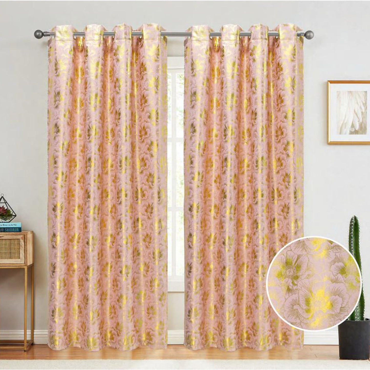 Atlanta Metallic Foil Room Darkening Grommet Window Curtain Panel, Blush, 54x84 Inches