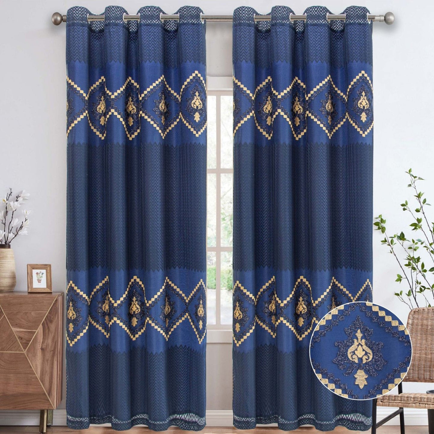 Carmen Embroidered Grommet Window Curtain Panel, Navy-Blue, 54x84 Inches
