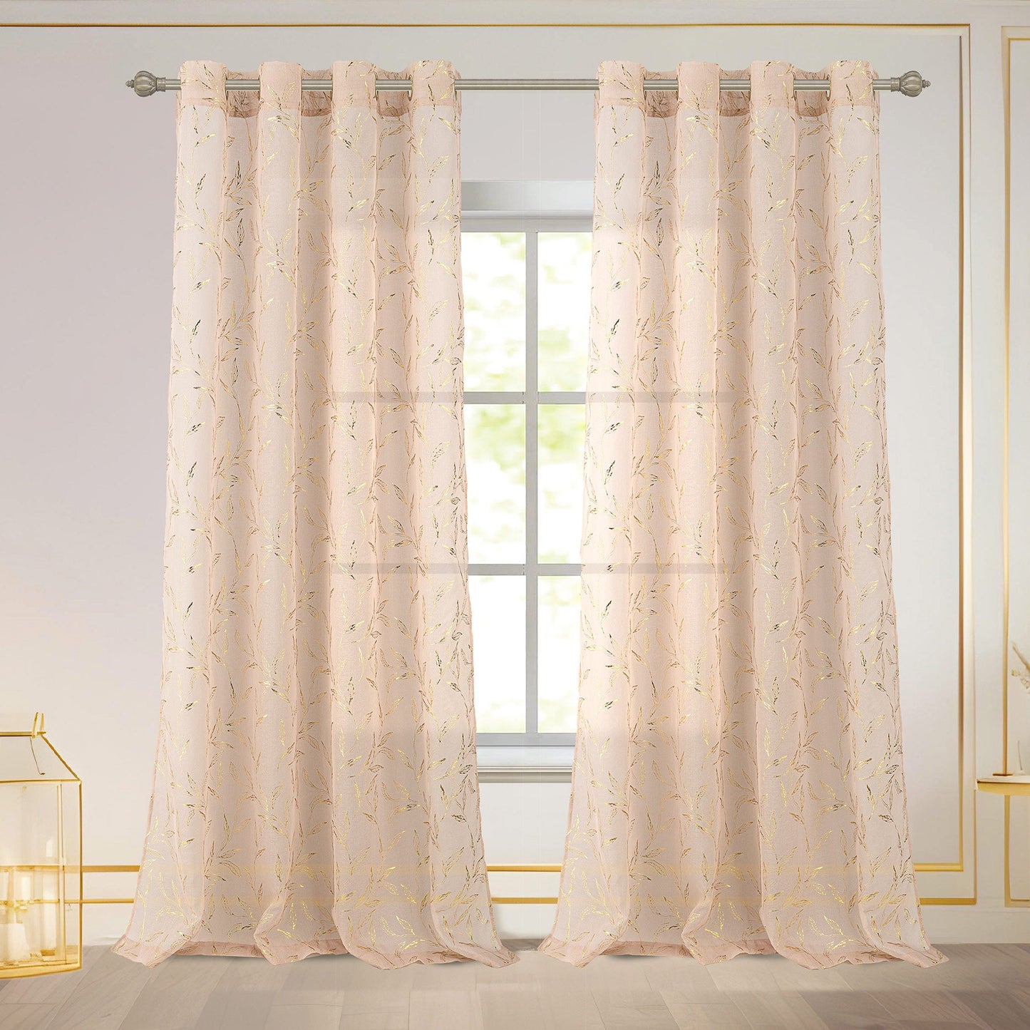 Abira Metallic Leaf Sheer Grommet Window Curtain Panel, Blush Gold, 54x84 Inches
