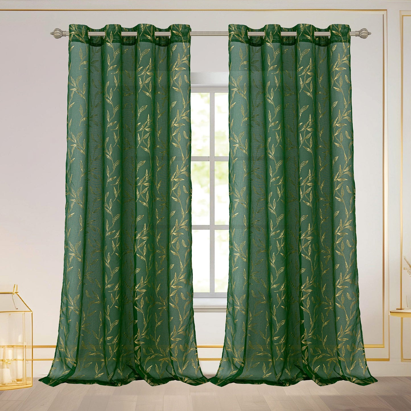 Abira Metallic Leaf Sheer Grommet Window Curtain Panel, Hunter Green-Gold, 54x84 Inches