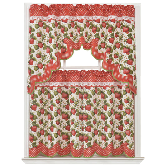 Marin Strawberry Printed Kitchen Curtain Set, Red and Cream, Swag Valance 60x36, Tier 30x36 Inches